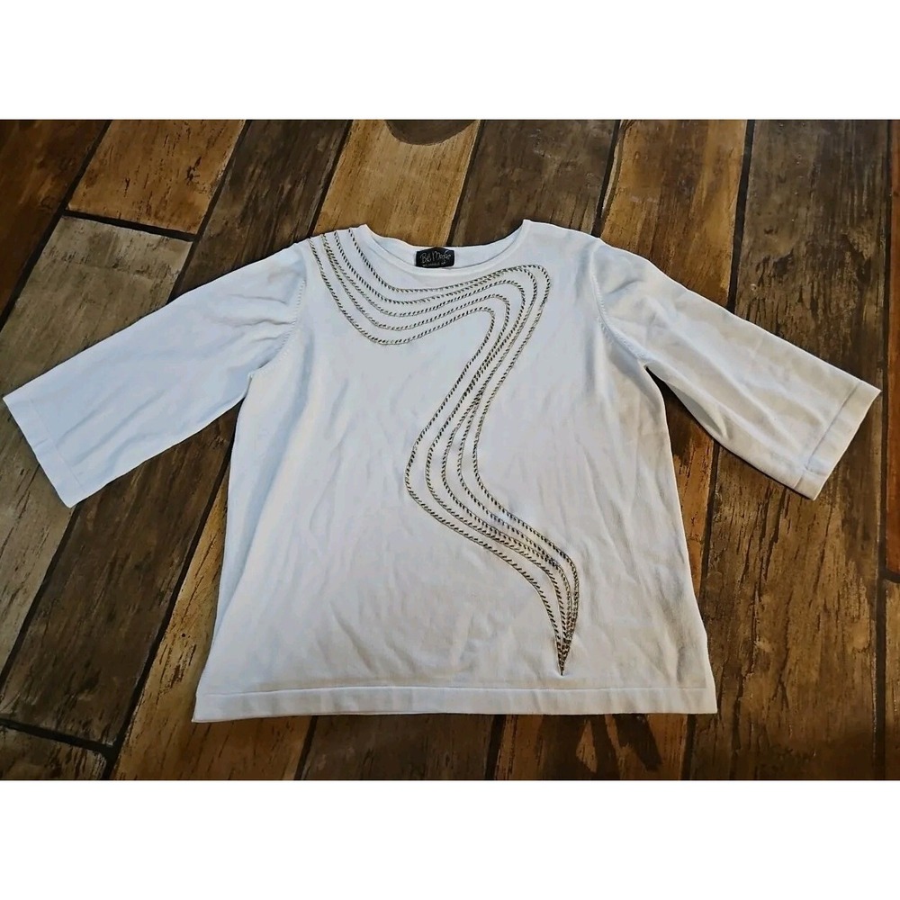 Vintage Bob Mackie Wearable Art Sweater Pullover Cream & Brown Beads XL 3/4 Slev